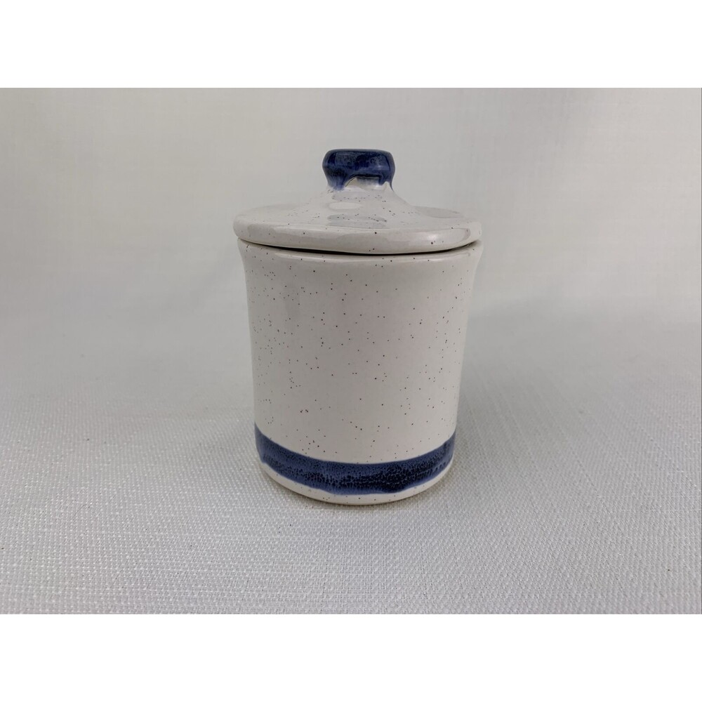 Vintage McCoy Honey Pot Stoneware Honey Pot in Gray with Blue‎ Band Trim 1950s